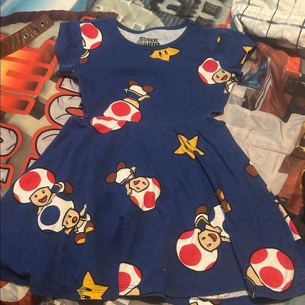 Nintendo Super Mario Kids Dress - Blue with Toad and Star Print